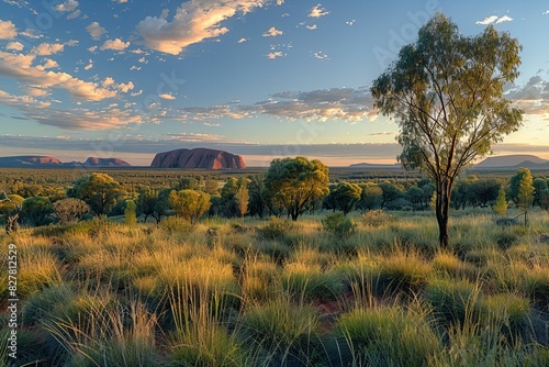A panoramic view of the iconic painted rock in australia at sunset  bathed in warm hues and surrounded by lush green vegetation  with a focus on the face.