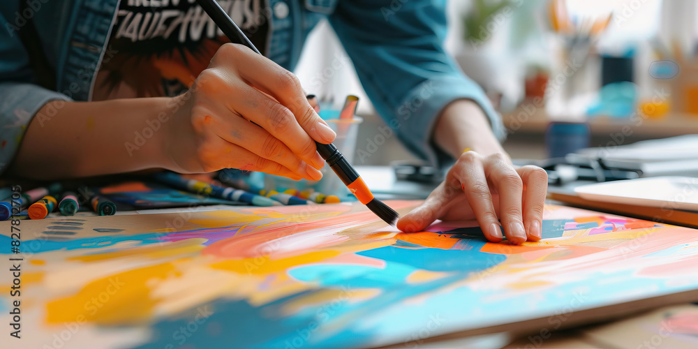 Obraz premium A graphic designer creates a stunning visual presentation, their work showcased on a vibrant digital canvas