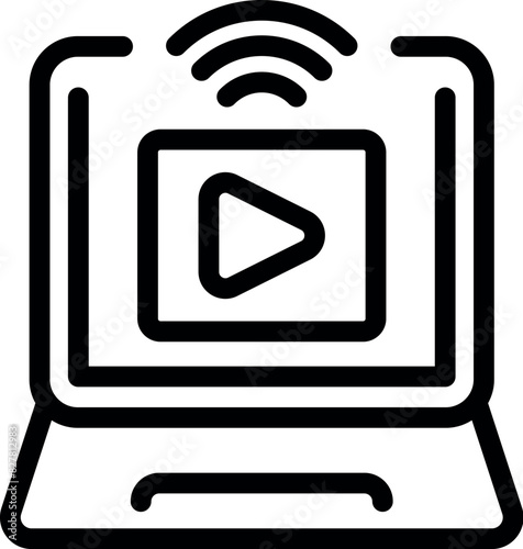 Black line icon of a laptop with a play button, symbolizing digital media streaming