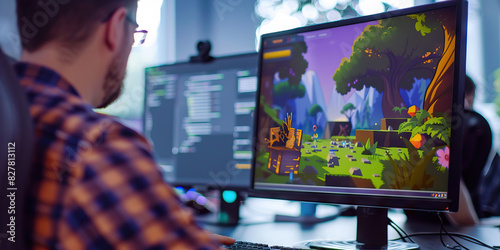 A game developer codes a thrilling level for their new game, their imagination the only limit to what they can create