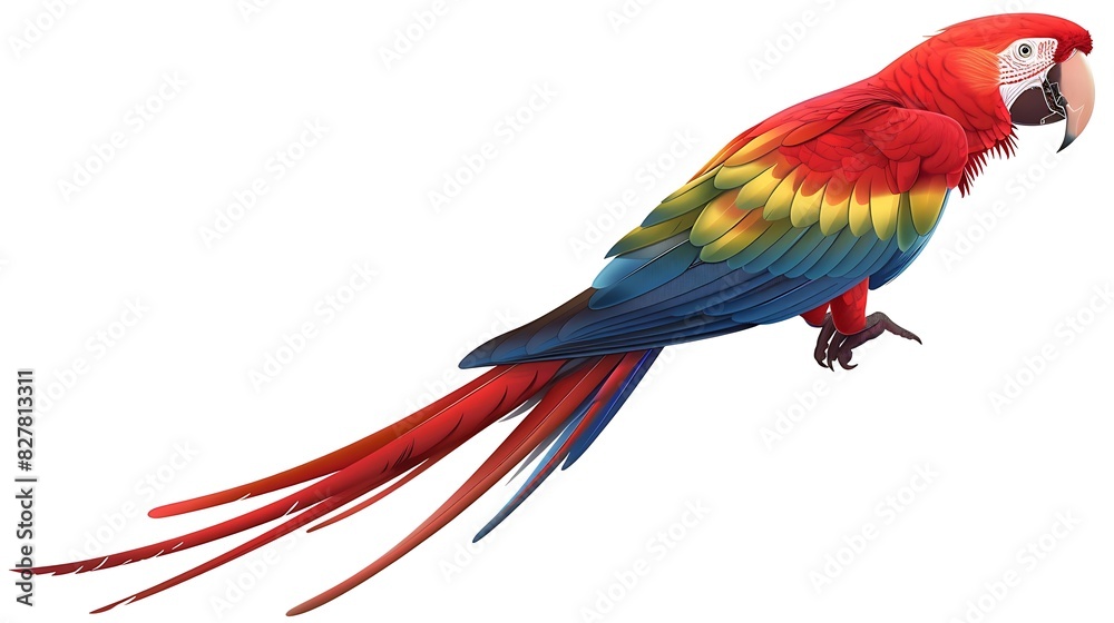 Elegant red parrot bird with detailed feathers isolated on white.