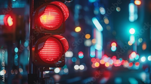 A futuristic red traffic light equipped with AI technology that uses realtime data to adjust its timing and keep traffic moving smoothly.