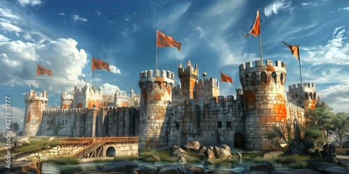 Medieval Fortress: Walls, Towers, Drawbridge, and Royal Flags. Concept Medieval Fortress, Walls, Towers, Drawbridge, Royal Flags photo
