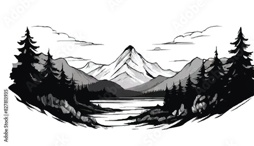 Black and white Mountain illustration background. Mountain landscape. Mountain range silhouette isolated vector illustration with pine trees around. 