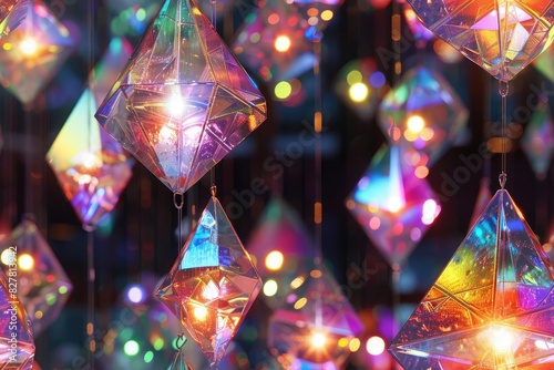 A cluster of iridescent diamond-shaped ornaments hang from the ceiling, illuminated with warm light.