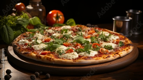 A delectable pizza topped with ripe tomatoes  fresh basil  and gooey mozzarella cheese