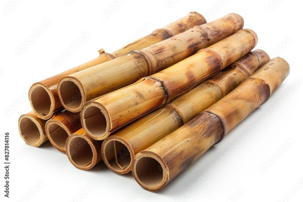Stack of natural bamboo stalks arranged on a white background, showcasing their texture and versatility in eco-friendly applications. Stack of natural bamboo stalks arranged on a white background, showcasing their texture and versatility in eco-friendly applications.