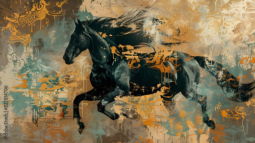 An abstract artistic background with vintage illustrations  horses  chinoiserie  golden brush strokes. Oil on canvas. Modern artwork for wallpapers  posters  cards  murals  prints  wall art  etc