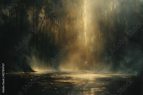 Digital artwork of  image of a dark scene with a light coming up from it photo