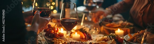 Friends enjoying red wine and tapas together in a cozy wine bar, surrounded by glowing shelves of wine bottles
