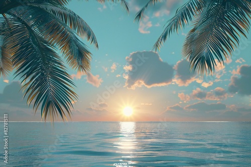 Illustration of palm leaves and sun with sea background  high quality  high resolution