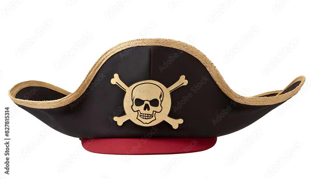 A black pirate hat with a gold skull and crossbones emblem on the front and gold trim around the brim. Perfect for costume parties, Halloween, or pirate-themed events.