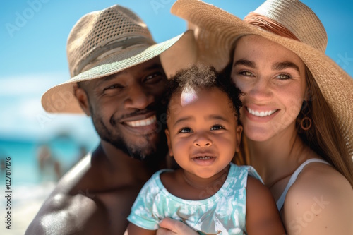 Smiling family with hats at the beach, concept of family vacation and joyful moments