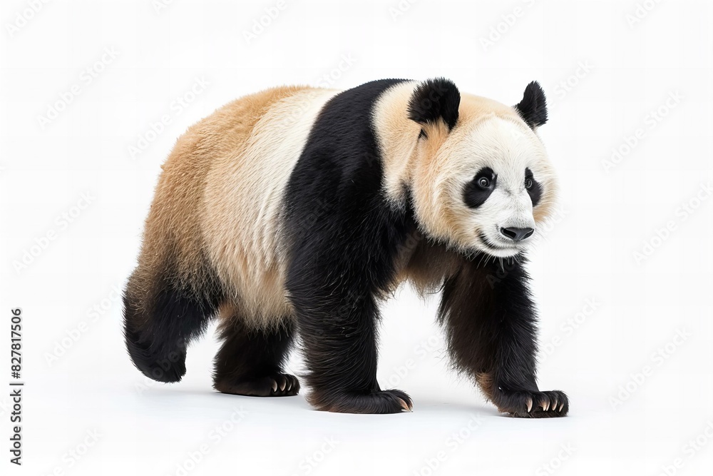 A panda bear walking across a white background, high quality, high resolution