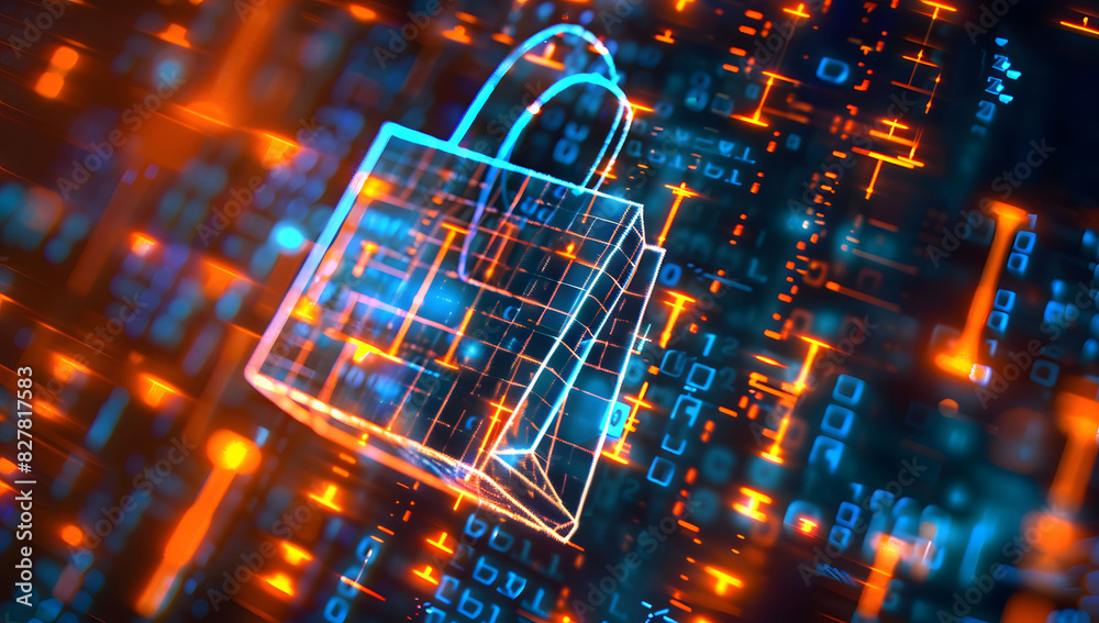 Obraz premium Digital data background with a glowing shopping bag icon and code, symbolizing cyber security in online retail and the importance of secure transactions and data protection in e-commerce.