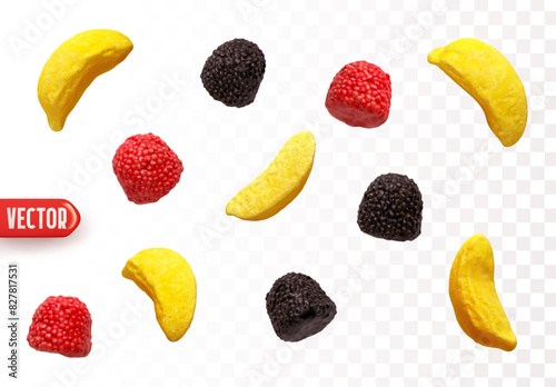 Realistic set jelly candies, yellow banana and red black raspberries, featuring assorted shapes, vibrant colors. Perfect for sweet-themed designs and confectionery branding. Vector illustration