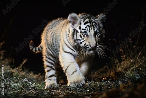 A young white tiger is walking with shadows in the dark