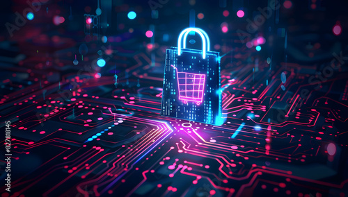 Digital data background with a glowing shopping bag icon and code, symbolizing cyber security in online retail and the importance of secure transactions and data protection in e-commerce.