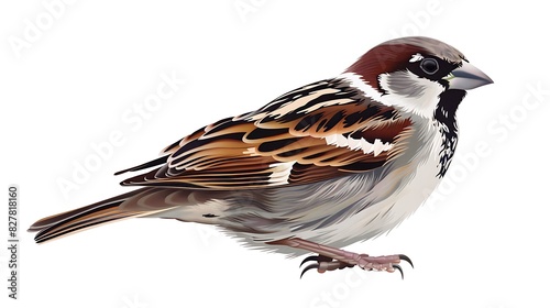 Elegant sparrow bird with detailed feathers isolated on white.