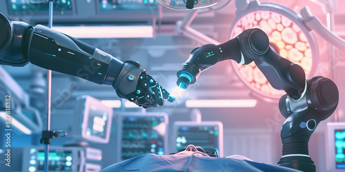 A surgeon uses a robotic arm to delicately perform a surgery in operating room of the future. photo