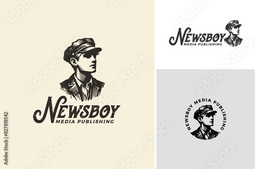 Vintage Boy Kid with Cadet Flat Cap for Newsboy or Paperboy Classic Drawing Illustration logo design