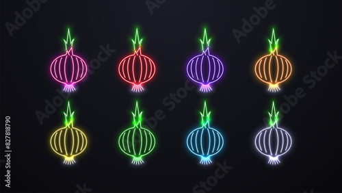 A set of bright neon icons of onion vegetables in different colors on a dark background.