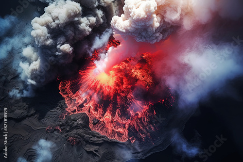 Volcano eruption from a bird view. Volcano crater and magma flow shot from above. Genertated AI.