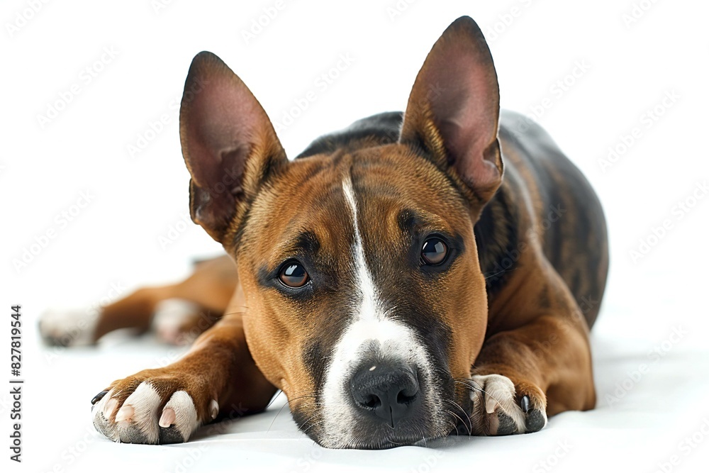 Digital image of bull terrier laying on the white surface above isolated photo