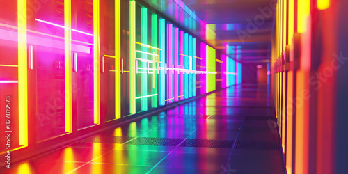 A neon-lit server room shines with an array of colors, casting vivid shadows on the walls