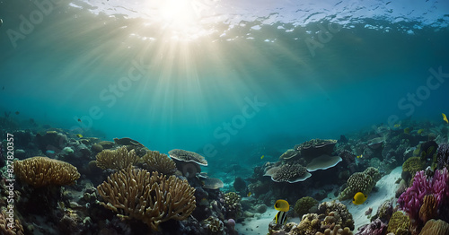 A vibrant coral reef teeming with life, bathed in sunlight filtering through the clear blue water. The image showcases the beauty and diversity of marine life, with colorful corals and fish in their n