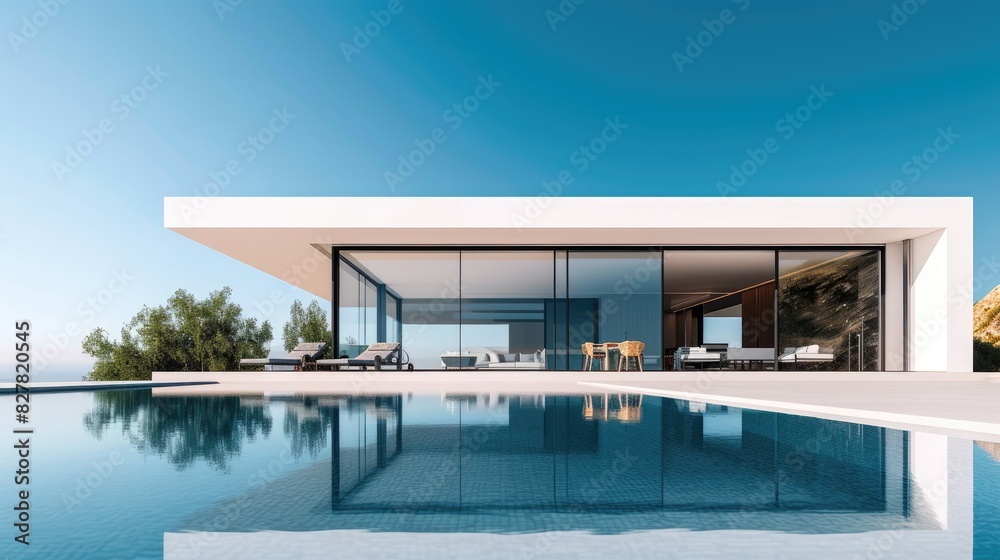 A sleek, modern luxury home featuring expansive glass walls, minimalist design, and an inviting infinity pool with a clear blue sky background. A sleek, modern luxury home featuring expansive glass walls, minimalist design, and an inviting infinity pool with a clear blue sky background.