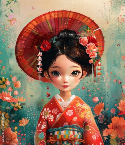 A beautiful Japanese girl in a kimono with an umbrella and flowers in her hair