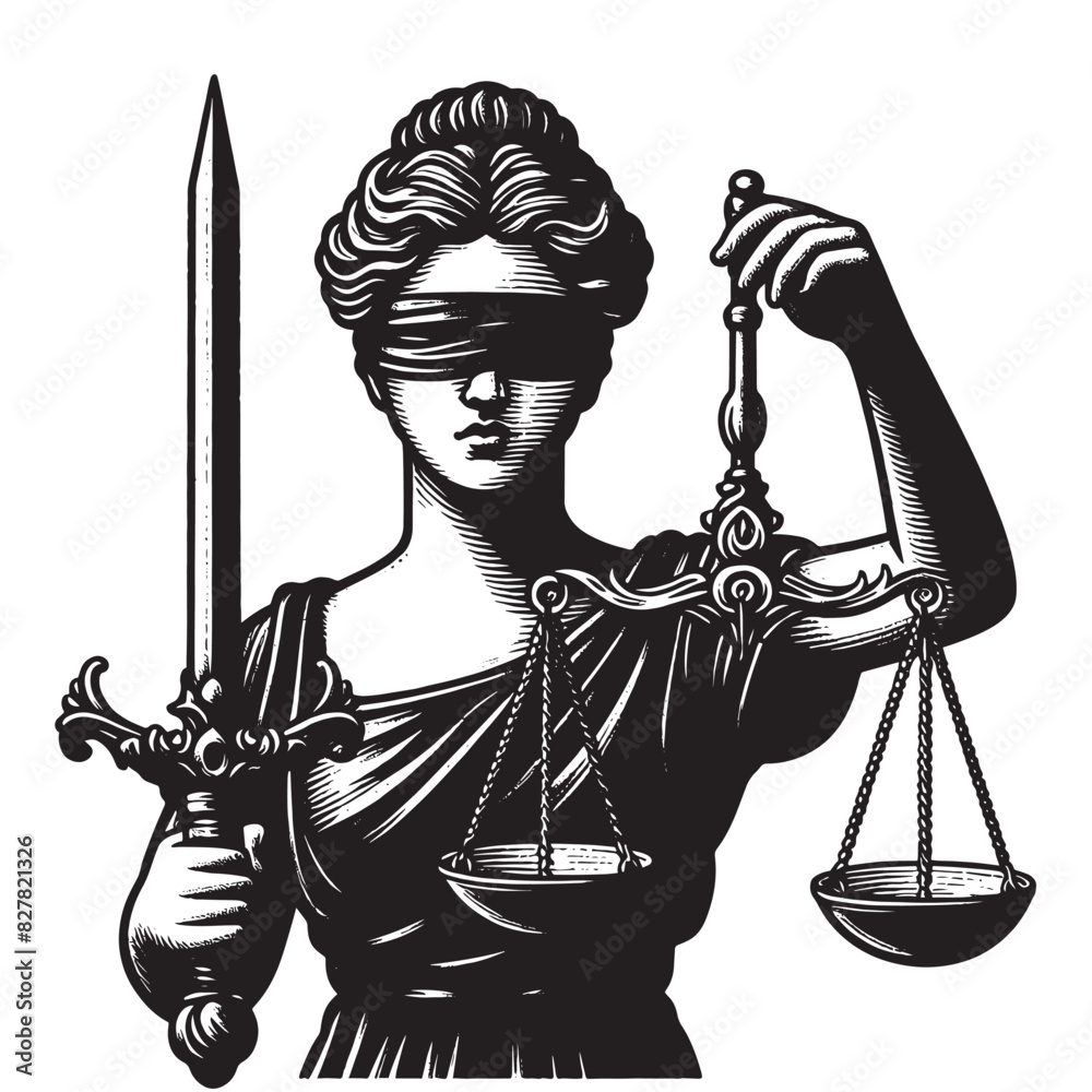 Obraz premium ancient Greek blind goddess Themis, personifying justice and fair trial. Vintage retro engraving illustration. Black icon, logo, label. isolated element.