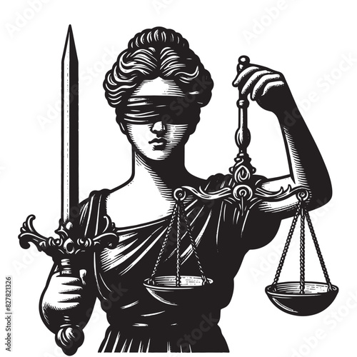  ancient Greek blind goddess Themis, personifying justice and fair trial.  Vintage retro engraving illustration. Black icon, logo, label. isolated element.