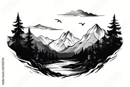 Mountain Landscape.  Forest and mountain vector black line illustration isolated white. Sketch art. Black and white Mountain landscape. 