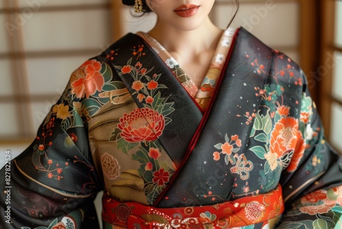 A woman wearing a kimono with floral patterns © Du