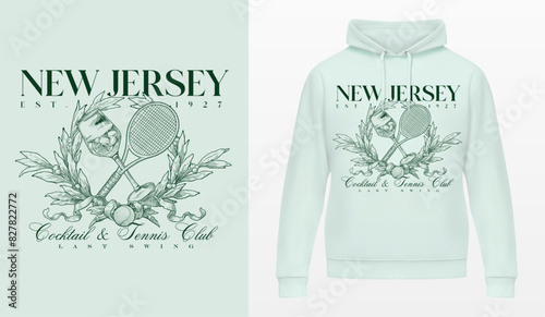 logo slogan graphic, retro tennis with cocktail, ball and laurel. city new jersey, Cocktail and Tennis Club summer SS24 tennis crest sport