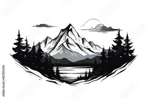 Mountain Landscape. Forest and mountain vector black line illustration isolated white. Sketch art. Black and white Mountain landscape. 
