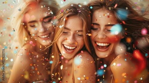 Joyful Young Women Celebrating with Colorful Confetti and Laughter. Generative ai