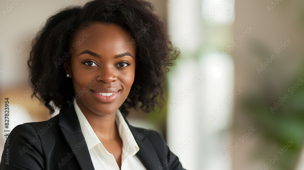 Confident businesswoman. Professional african american woman with a smile, wearing a suit in a modern office setting Confident businesswoman. Professional african american woman with a smile, wearing a suit in a modern office setting