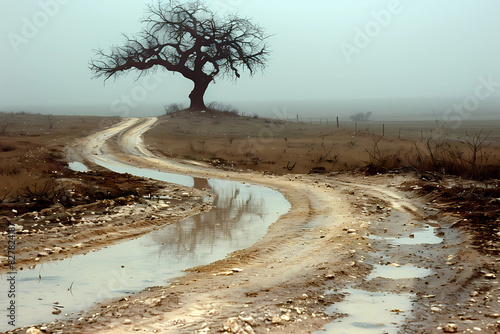 A winding, muddy road dotted with reflective puddles stretches towards a solitary, ancient tree on the horizon, all set against the misty, atmospheric backdrop of a South African farm landscape photo