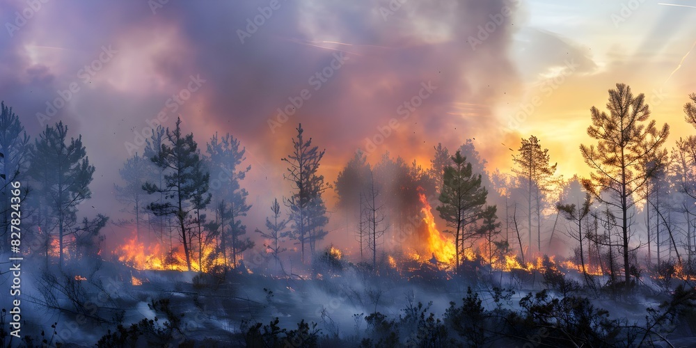 Devastating forest fire wreaks havoc on pine trees, amplifying global environmental concerns. Concept Forest Fire, Global Concerns, Pine Trees, Environmental Impact, Devastation