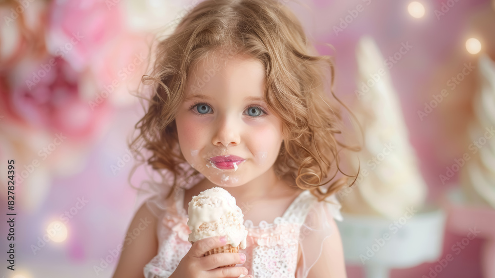 Beautiful little girl is eating vanilla ice cream. Beautiful little girl is eating vanilla ice cream.