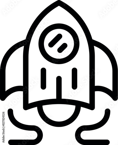 Childfriendly cartoon rocket ship icon in black and white line art, perfect for children's education and exploration in space, featuring a simple, minimalist, and modern design