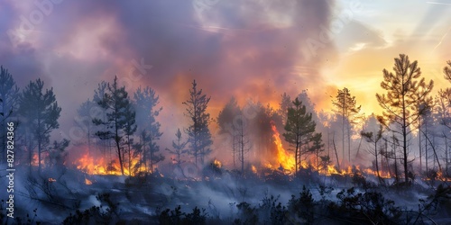 Devastating forest fire wreaks havoc on pine trees, amplifying global environmental concerns. Concept Forest Fire, Global Concerns, Pine Trees, Environmental Impact, Devastation photo