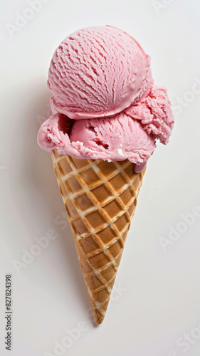 Black currant ice cream in a waffle cone on a grey background