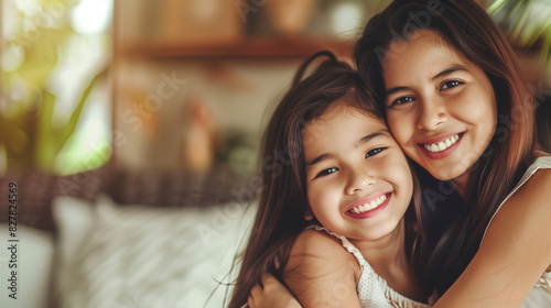 copy space, stockphoto, Happy south american mother and daughter smiling and hugging, parents day theme. Happy black mother and daughter posing, parent’s day mockup. photo