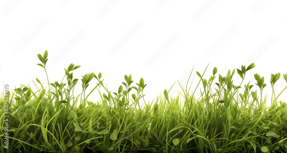 Fototapeta premium Small Green Grass and plants Border isolated on white background AI Generated