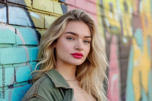 A beautiful blonde woman leaning against a colorful brick wall.