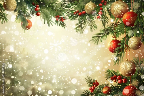 Christmas Background with Fir Branches and Ornaments